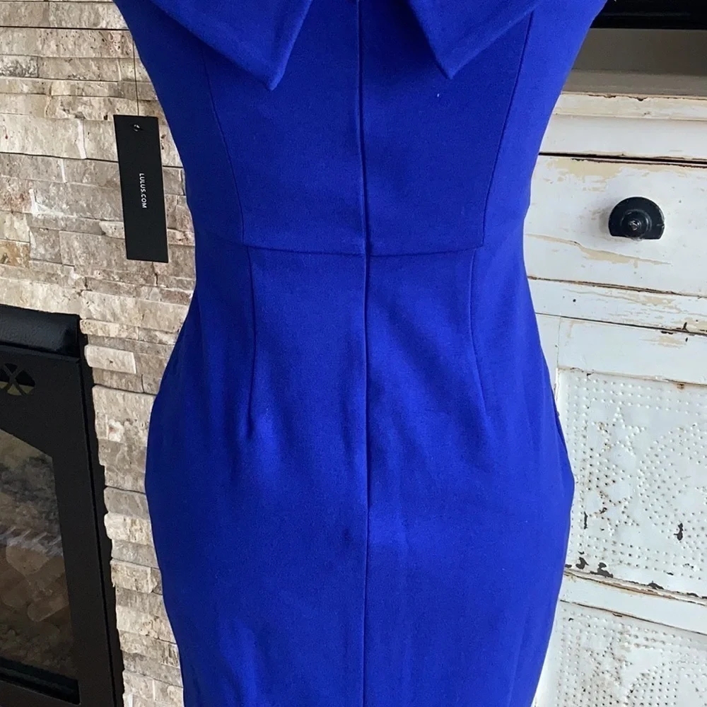 Lulu’s Classic Glam blue off-the-shoulder zip back leg slit body con dress